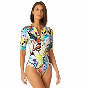 Anne Cole half zip front Multi color one piece rash guard